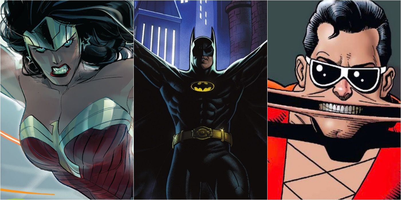 three panels: wonder woman, batman, plastic man