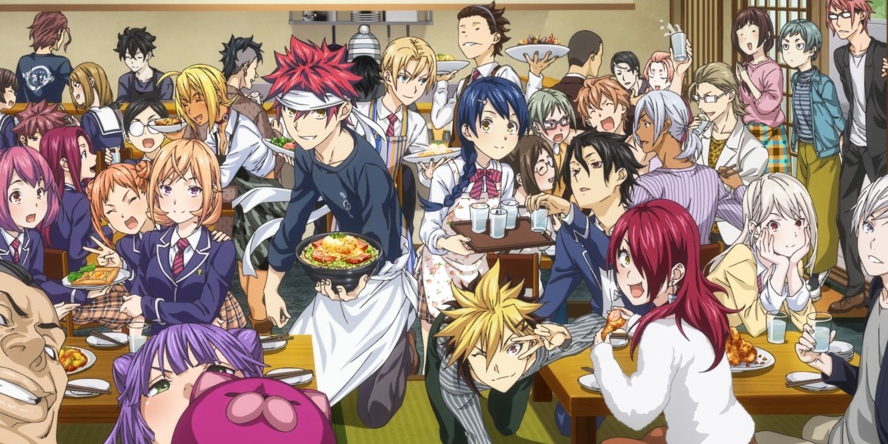 Soma and everybody from Totsuki together at Yukihira in Food Wars