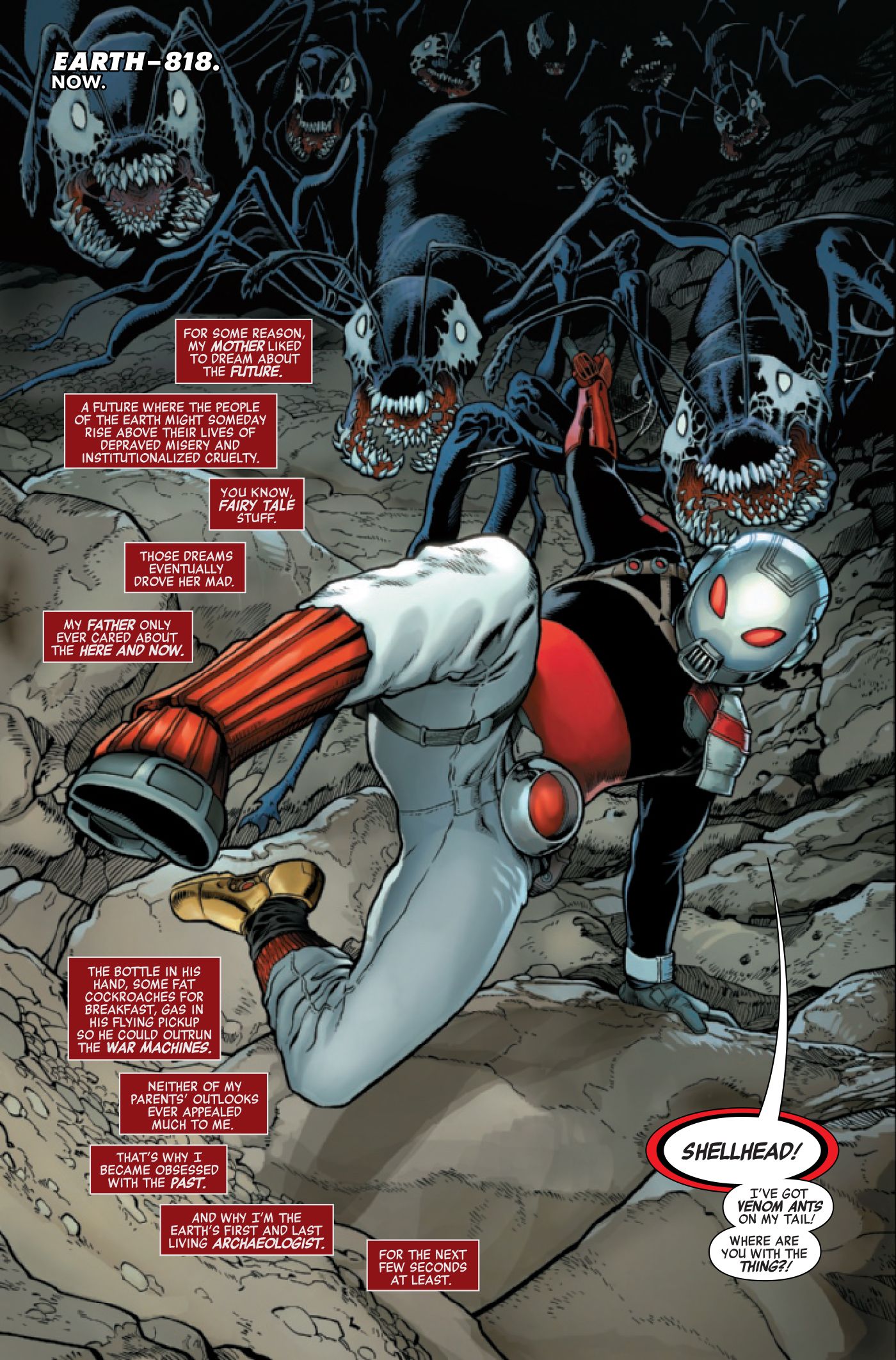 Ant-Man Tony Stark runs away from Venom-bonded ants while giving his backstory.