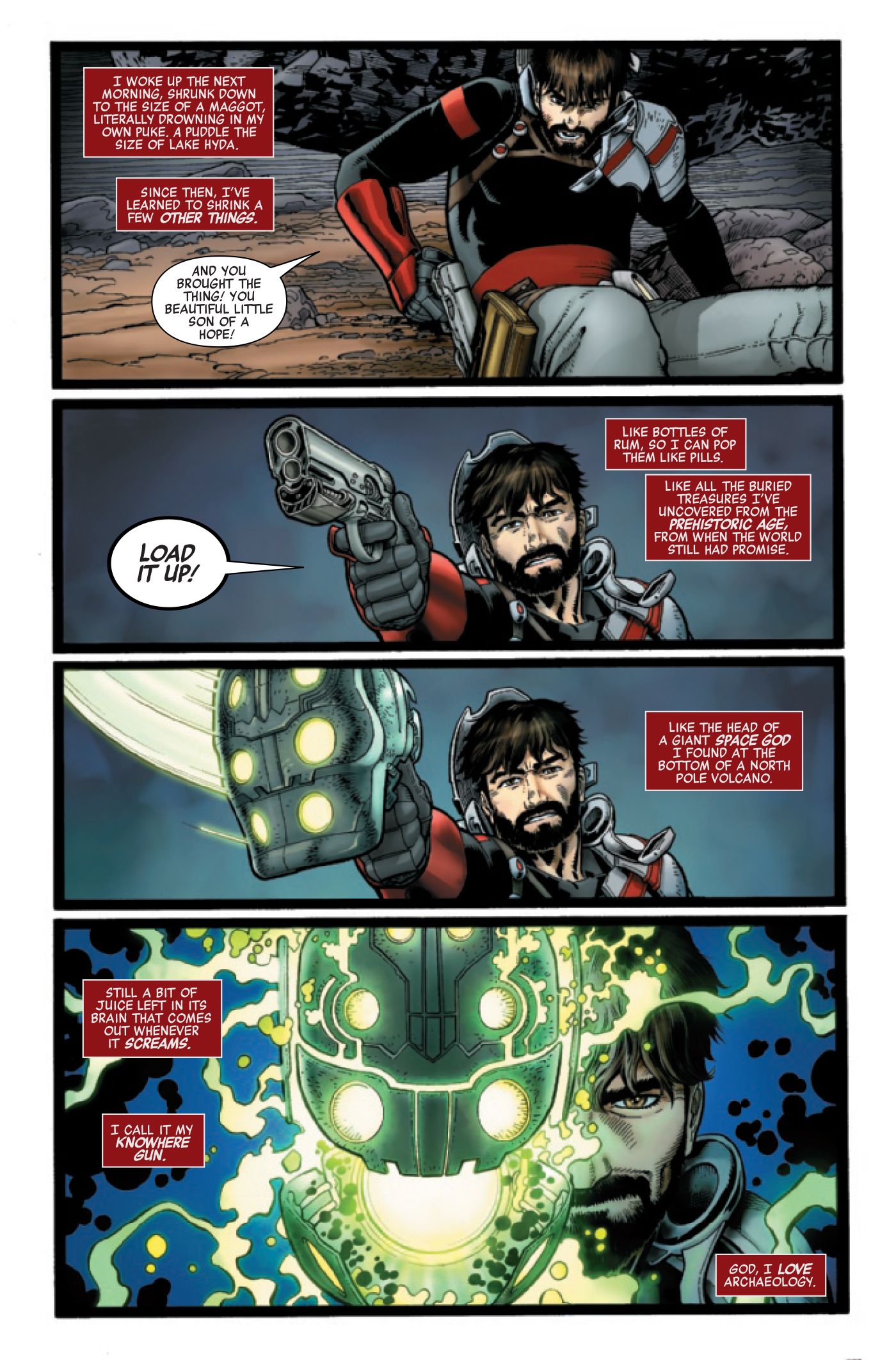 Tony Stark readies a Knowhere Gun, made from the severed head of a celestial.