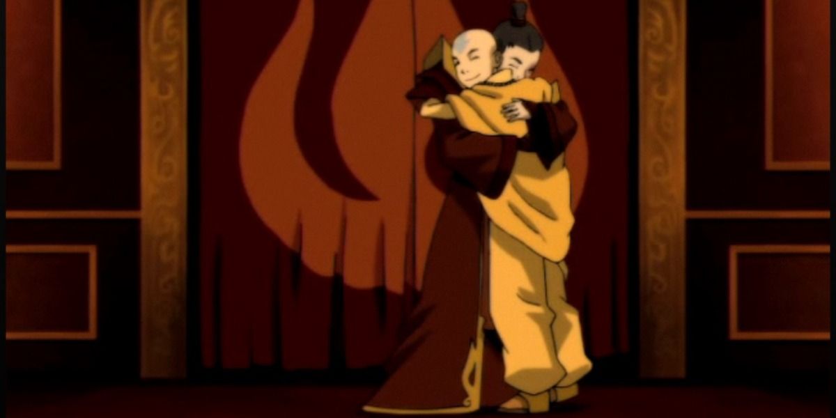 Aang and Zuko hug