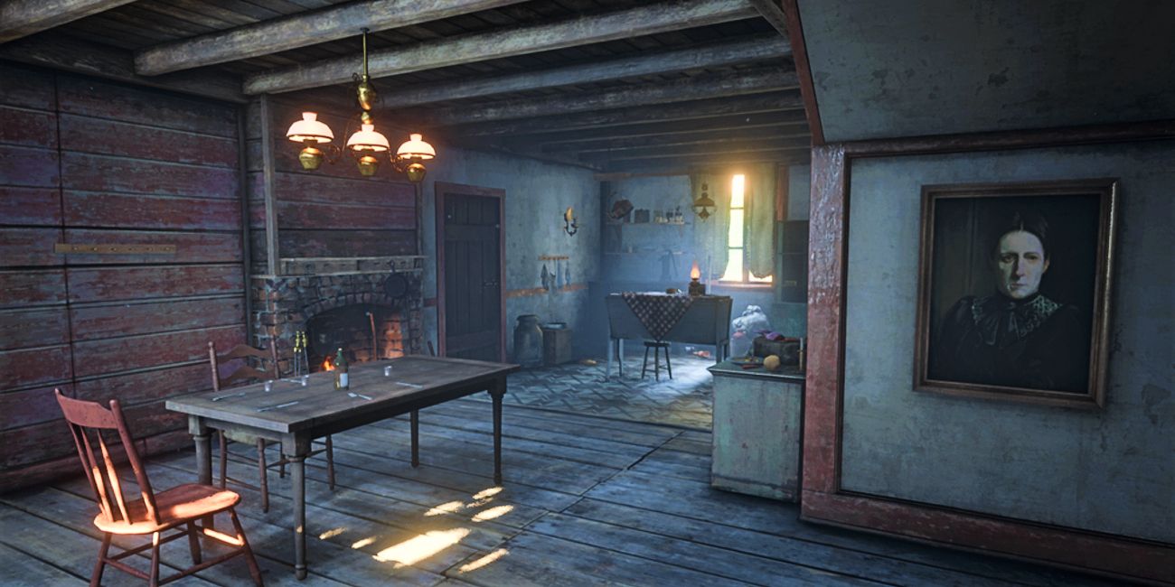 Screenshot of the dining area at the Aberdeen Pig Farm in Red Dead Redemption 2.