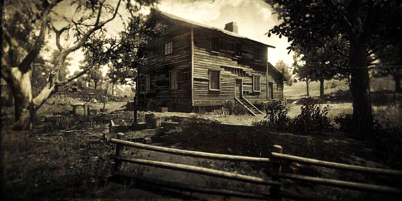 Loading screen depicting the Aberdeen Pig Farm, as seen in Red Dead Redemption 2.