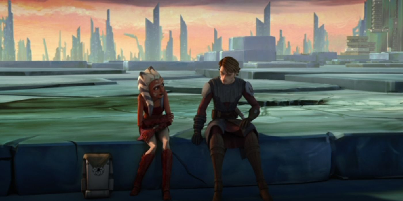 Ahsoka Tano and Anakin Skywalker sit together in the Star Wars The Clone Wars movie
