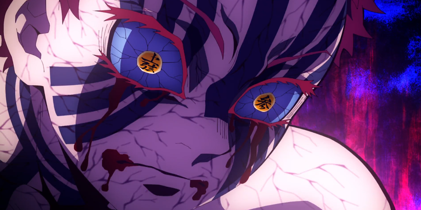 Alt text: Akaza, a character from the anime Demon Slayer, is shown with a shocked expression on his face. 