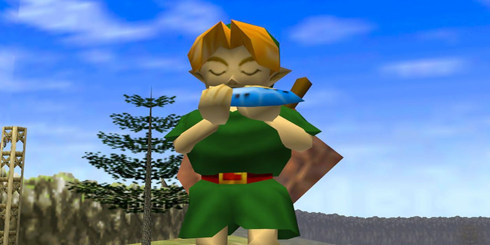 Link playing his magical musical instrument in The Legend of Zelda: Ocarina of Time