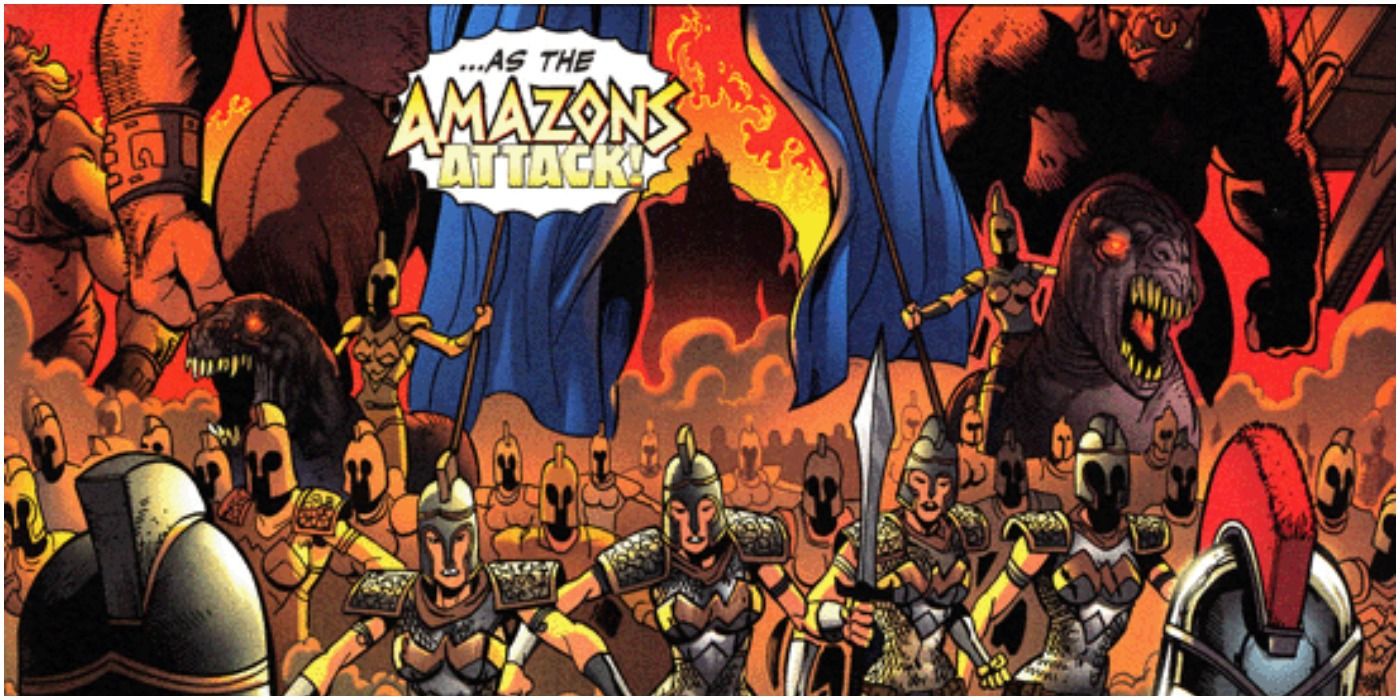 A battle scene featuring the hordes of warriors and creatures from Themyscira in the DC Comics event series Amazons Attack! 