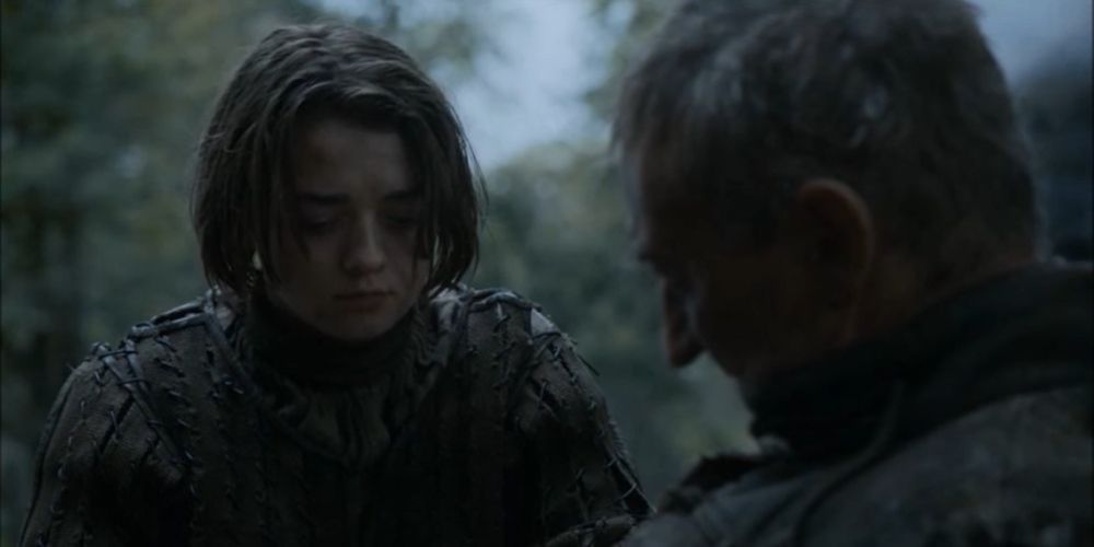 Arya Stark discusses death with a wounded farmer in Game of Thrones