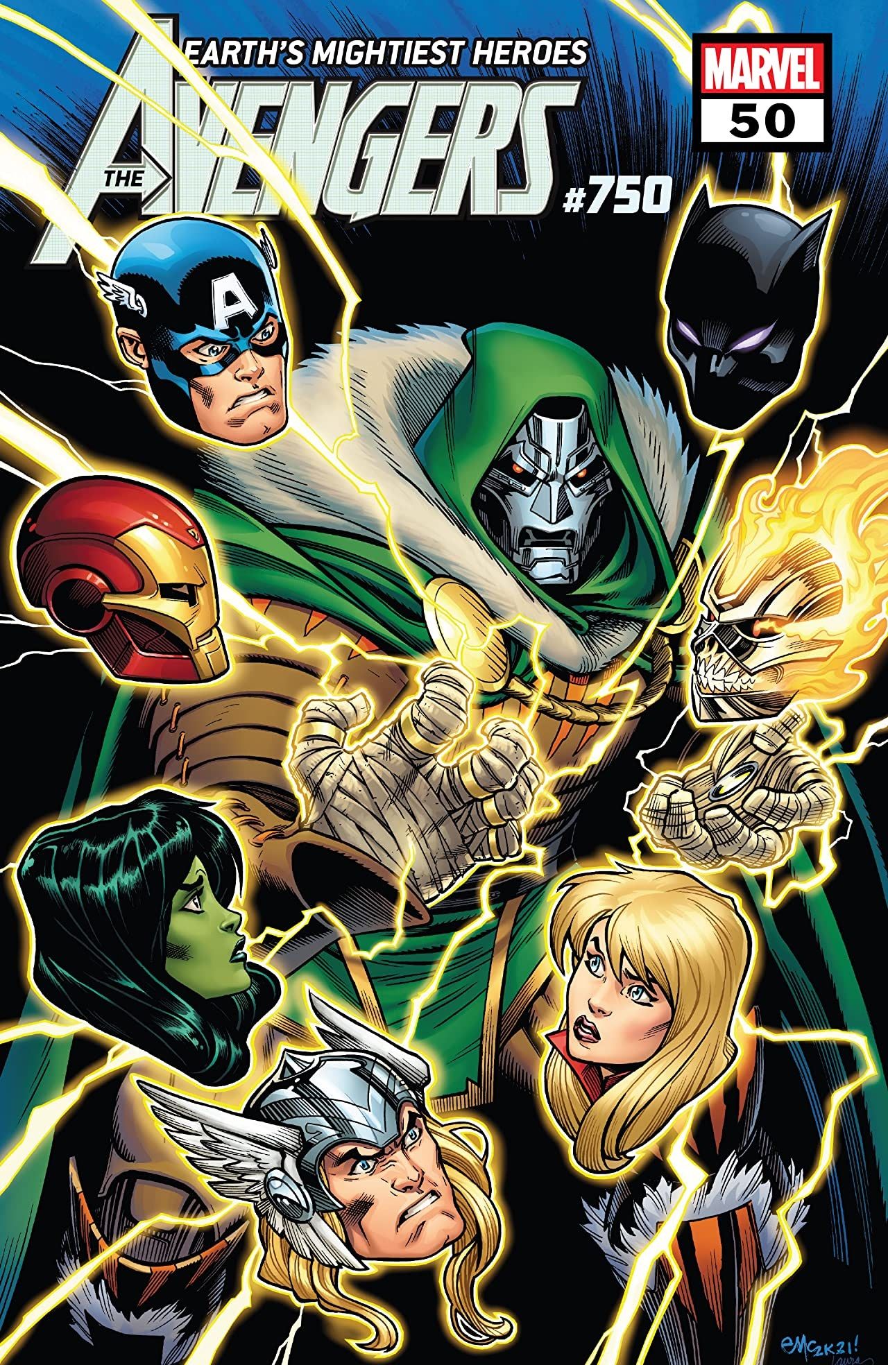 Captain America, Iron Man, Black Panther and Doctor Doom on the cover of Avengers 50 by Ed McGuinness