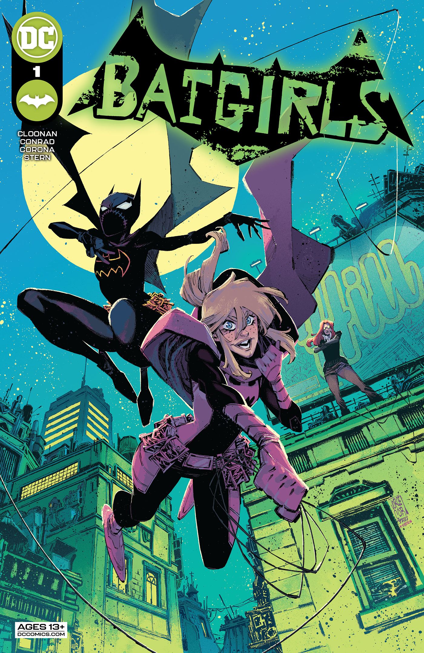 Stephanie Brown and Cassandra Cain swing through the night on the cover of Batgirls #1.