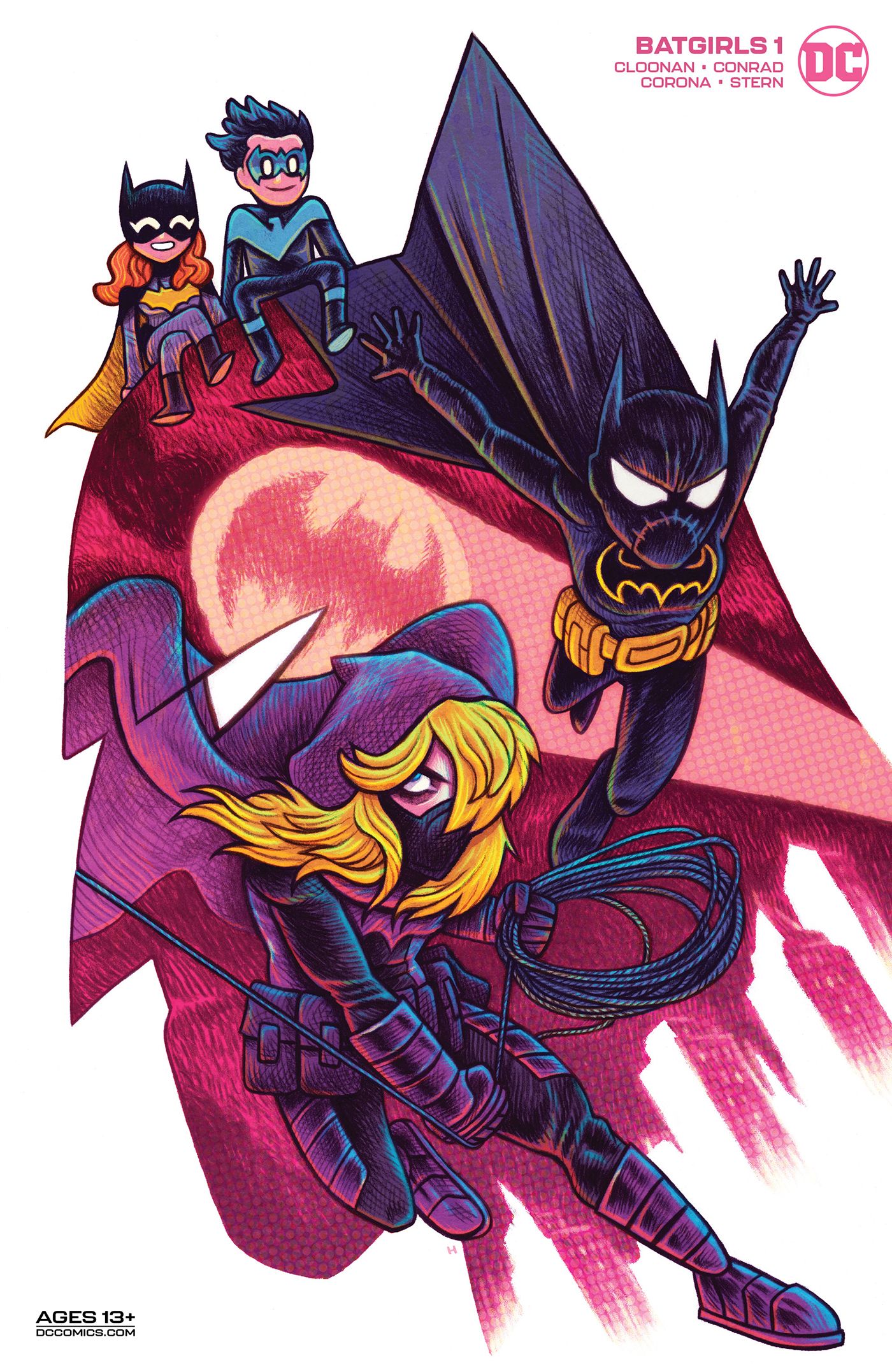 Cartoon-like cover art for Batgirls #1 features Barbara Gordon's Batgirl and Dick Grayson's Nightwing.
