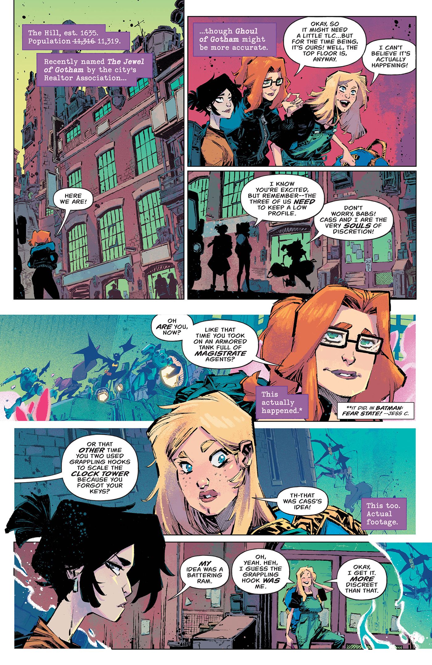 Barbara, Cass and Steph movie into Gotham's The Hill.