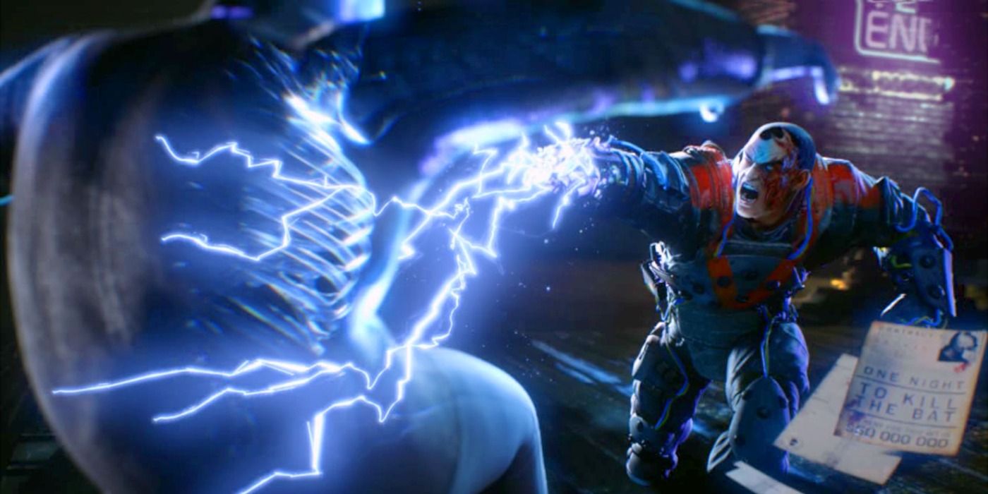 An image of Batman fighting Electrocutioner from Batman: Arkham Origins.
