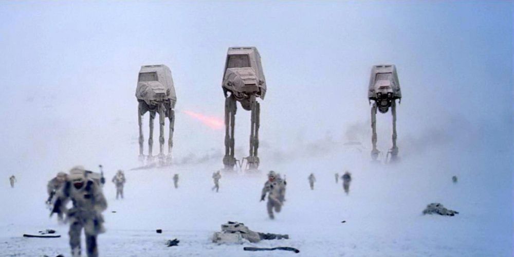 AT-ATs shoot at retreating rebels in Star Wars: The Empire Strikes Back