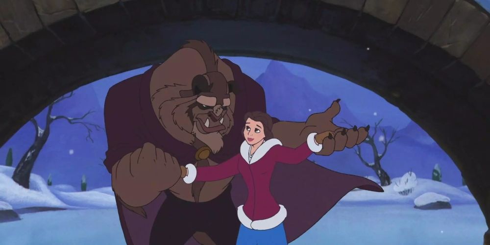Belle and Prince Adam dance under a bridge in Beauty and the Beast the Enchanted Christmas