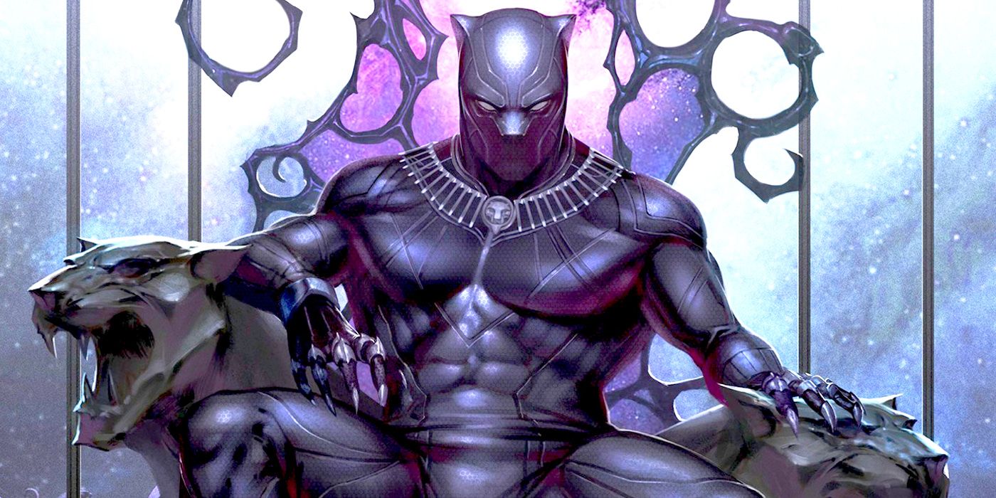 Black Panther sits on his Wakandan throne
