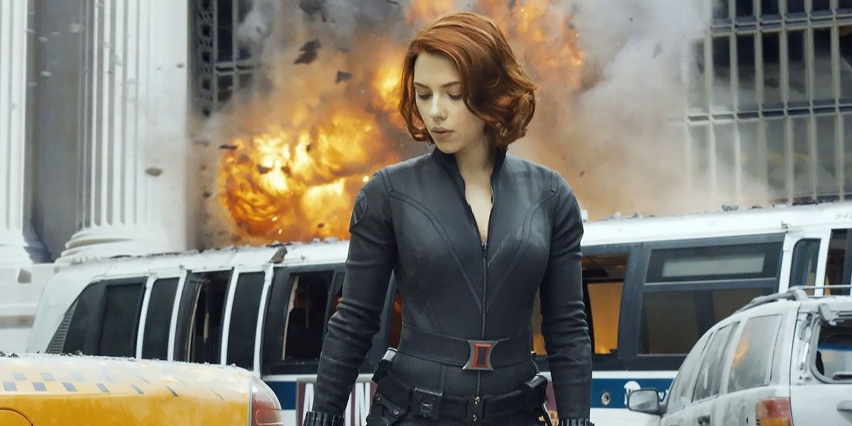 Black Widow in front of an explosion