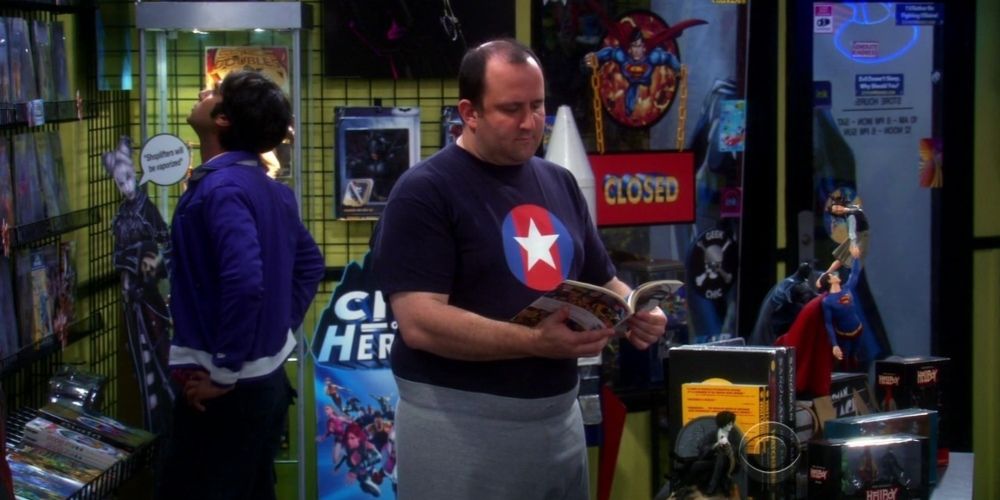 Captain Sweatpants browing in Stuart's store the Big Bang Theory