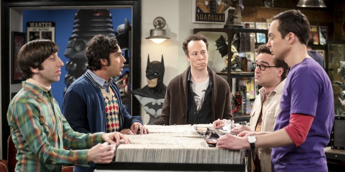 Raj Koothrappali, Leonard Hofstadter, Howard Wolowitz, Sheldon Cooper, and Stuart Bloom in the comic book store the Big Bang Theory