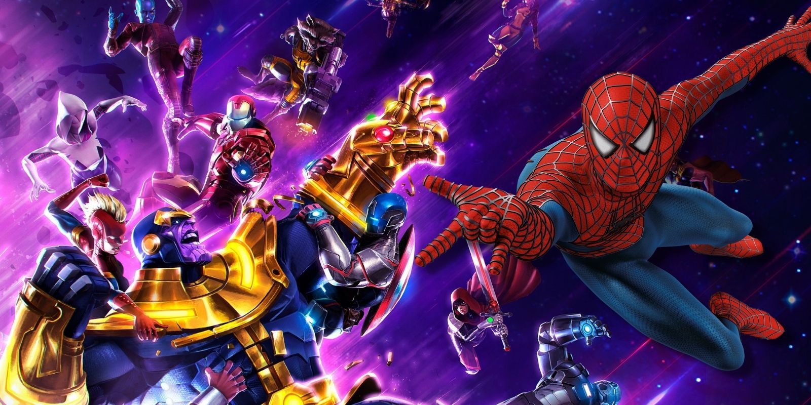 Tobey Maguire's Spider-Man next to key art for Marvel Contest of Champions