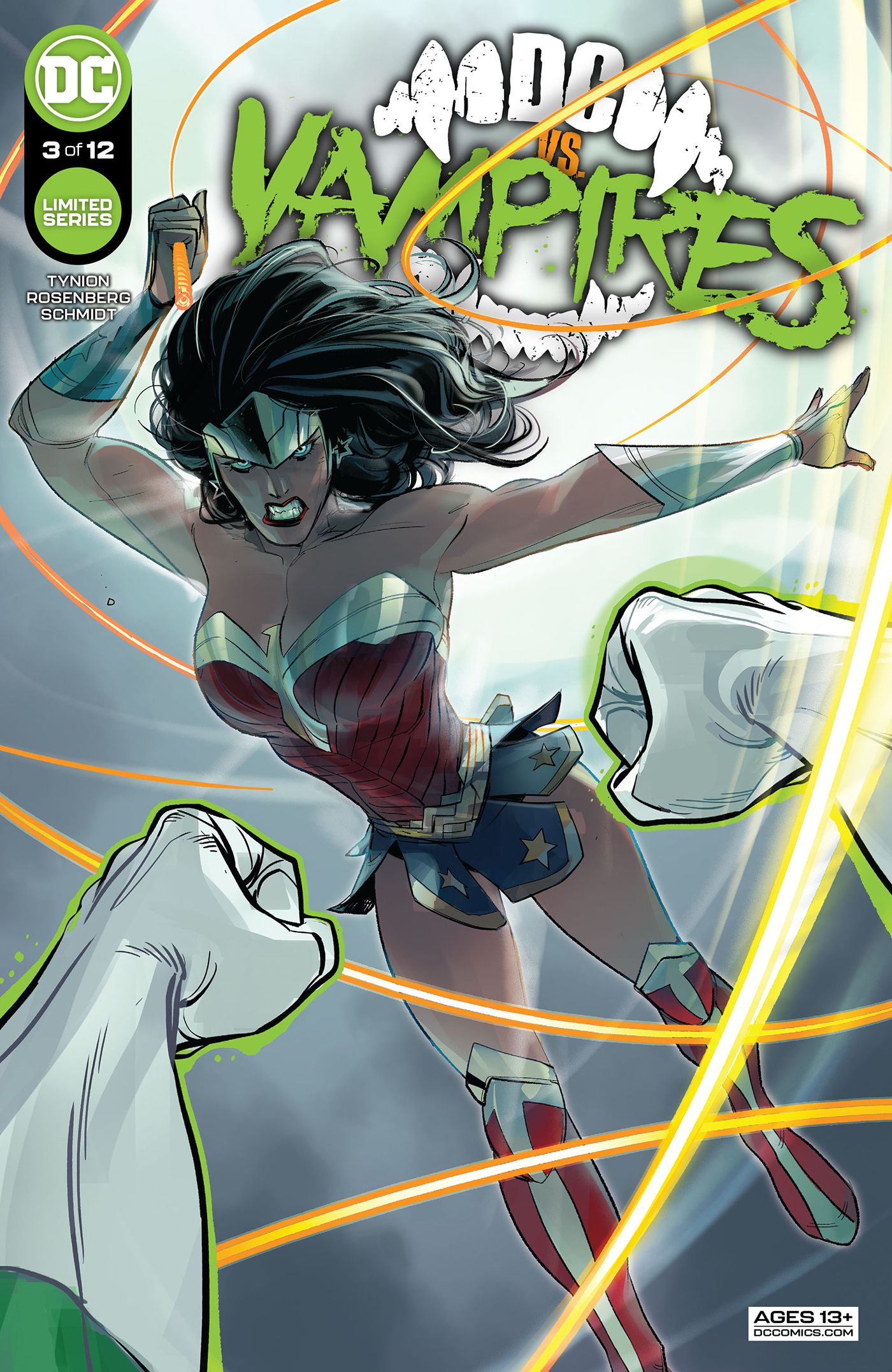Wonder Woman fights Green Lantern on the cover for DC vs. Vampires #3.