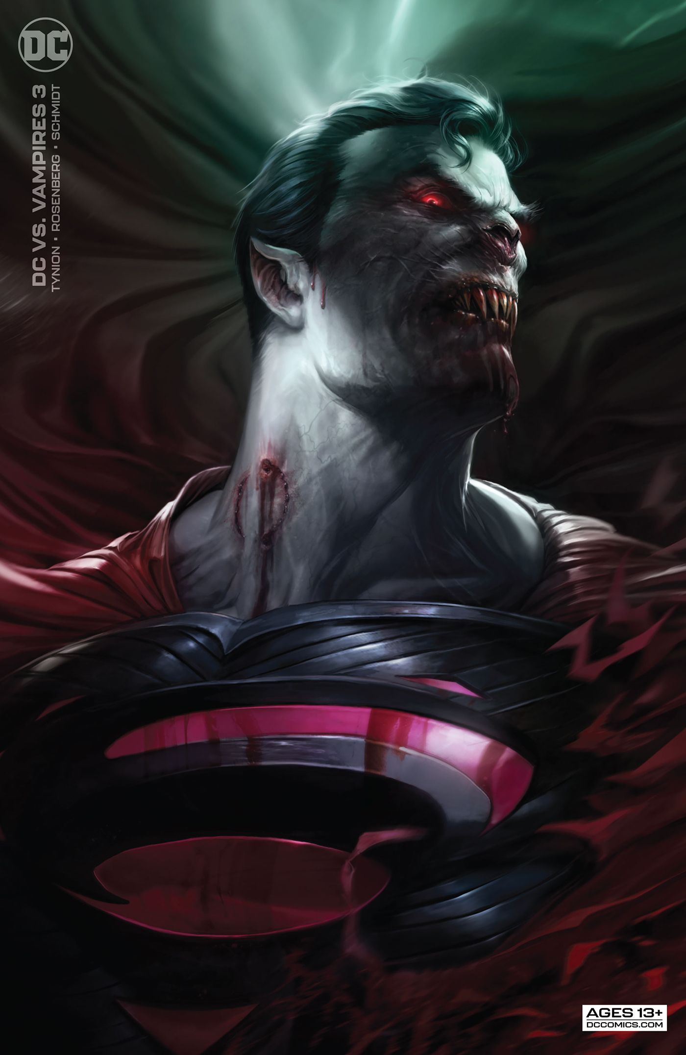 Superman is a gruesome vampire on a variant cover for DC vs. Vampires #3. 