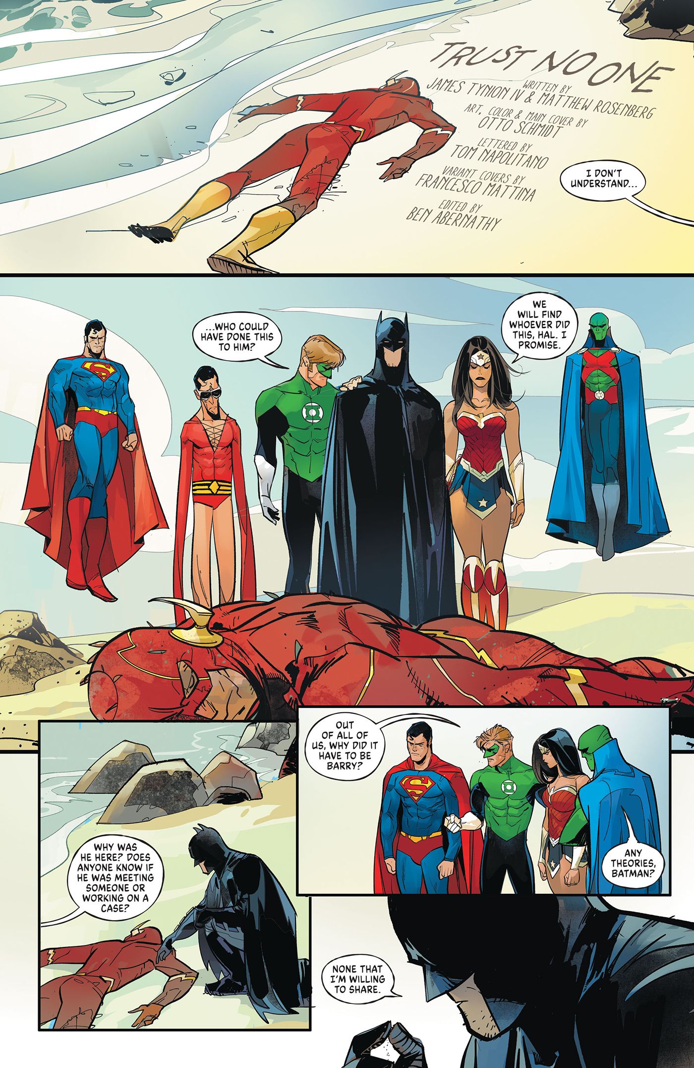 The Justice League look over Barry Allen's dead body on a beach.