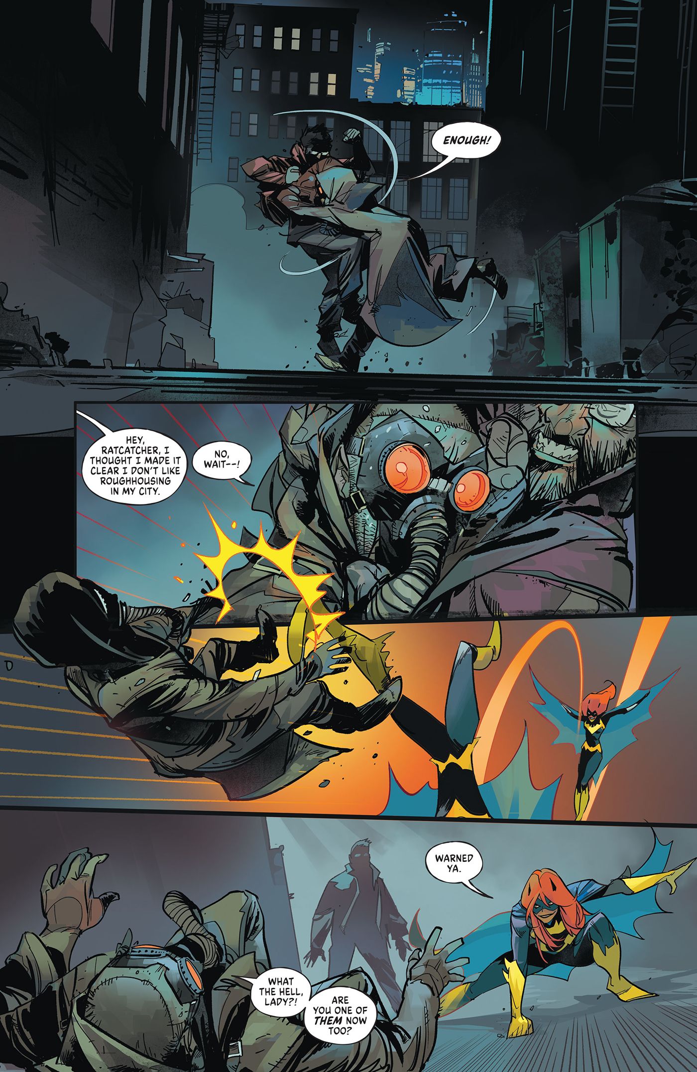Ratcatcher fights off someone in an alley before being stopped by Batgirl.
