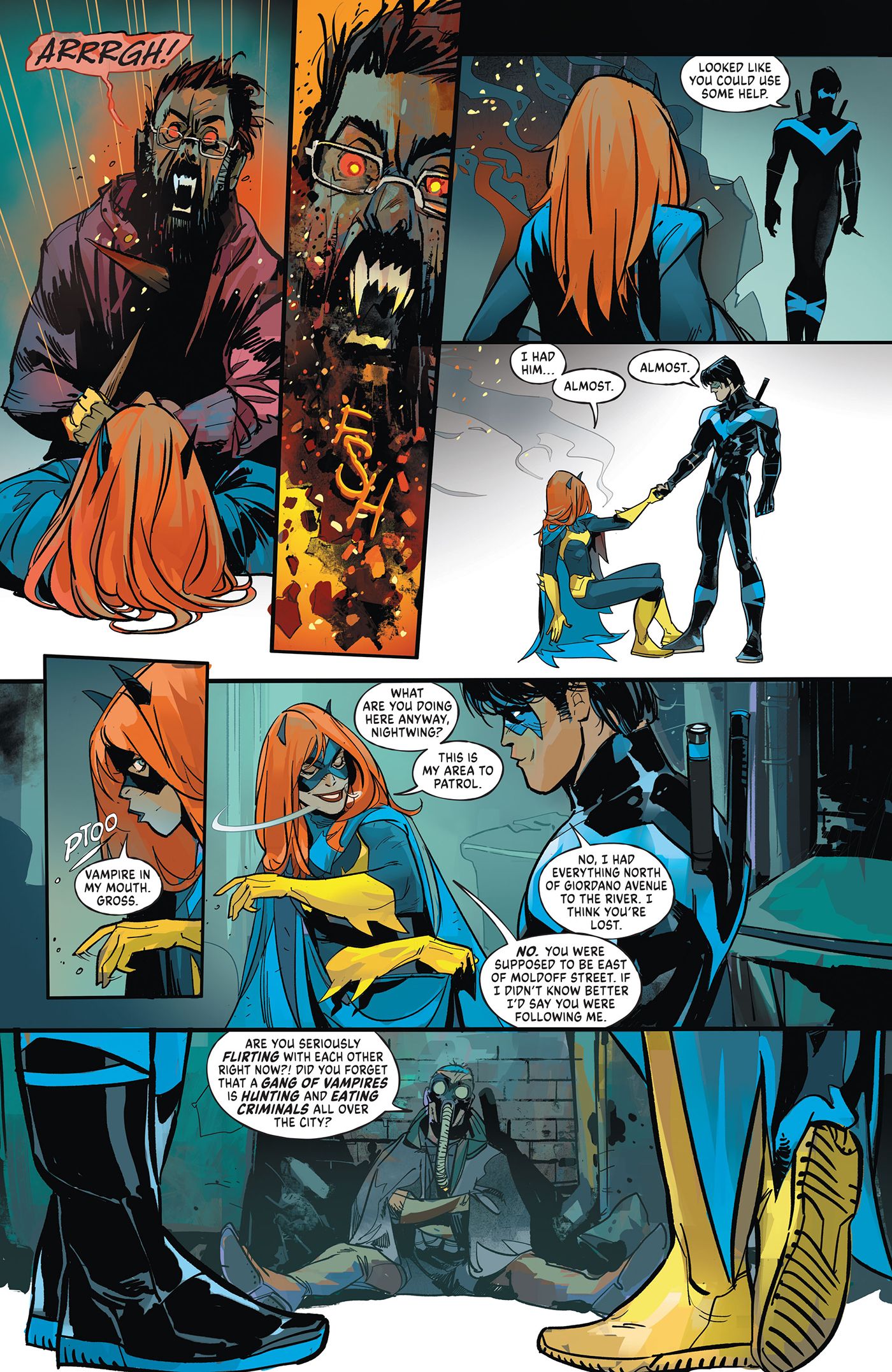 Batgirl is saved by Nightwing, who begin to flirt with each other after killing the vampire.