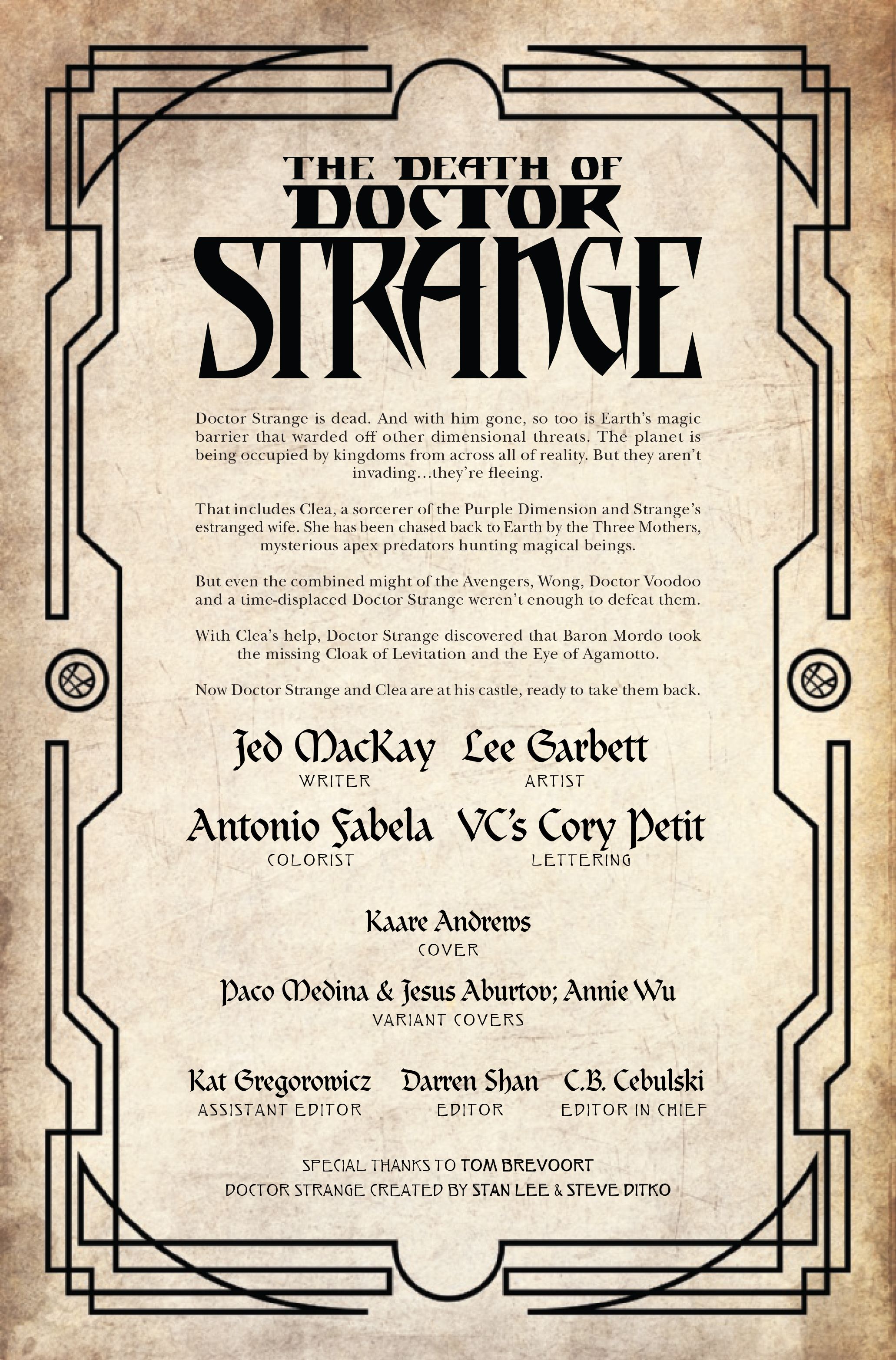 Credits page for the Death of Doctor Strange #4, by Jed MacKay, Lee Garbett, Antonio Fabela and VC's Cory Petit.