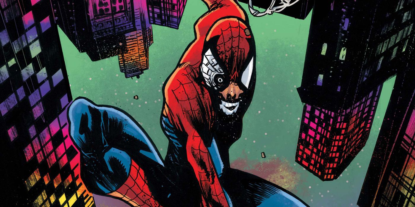 Spider-Man swings through the city of the Darkhold reality.