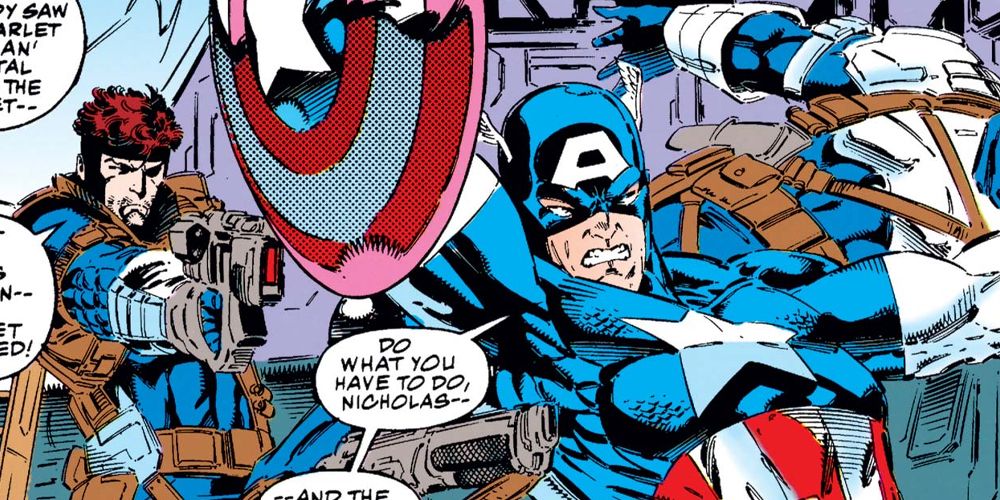 Nick Fury shooting Captain America