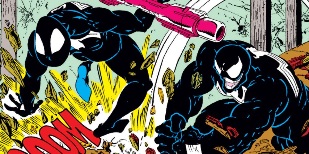 Venom Fighting Black Suit Spidey