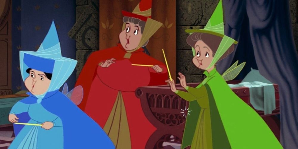 The fairy godmothers Flora, Fauna and Merryweather in Sleeping Beauty movie