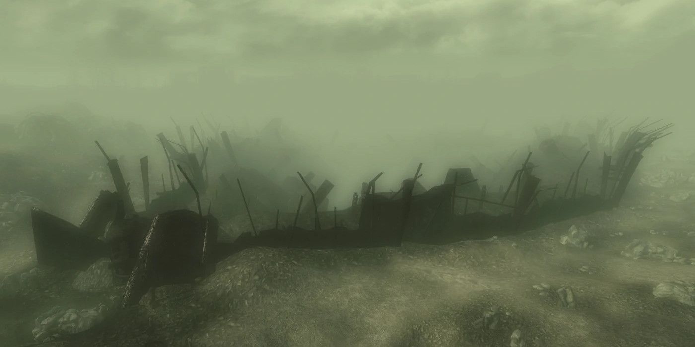 A cidade de Megaton em Fallout 3 depois de explodir.