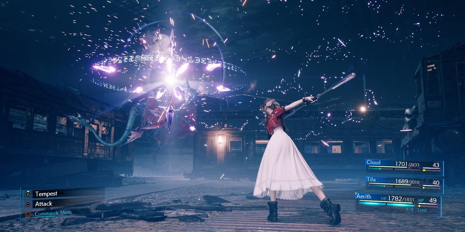 Aerith using a spell on an enemy