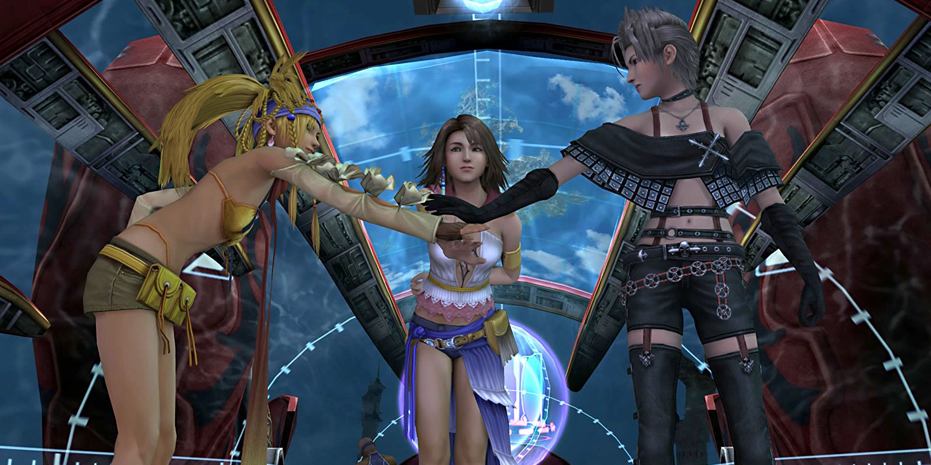 Rikku, Yuna, and Paine pump themselves up for adventure in Final Fantasy X-2