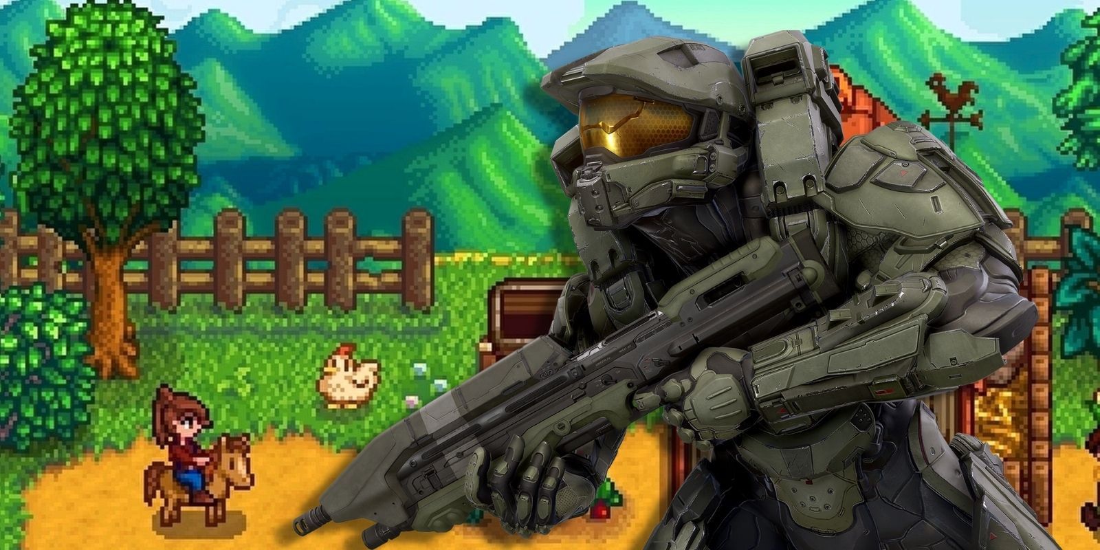 Master Chief juxtaposed on a Stardew Valley farm