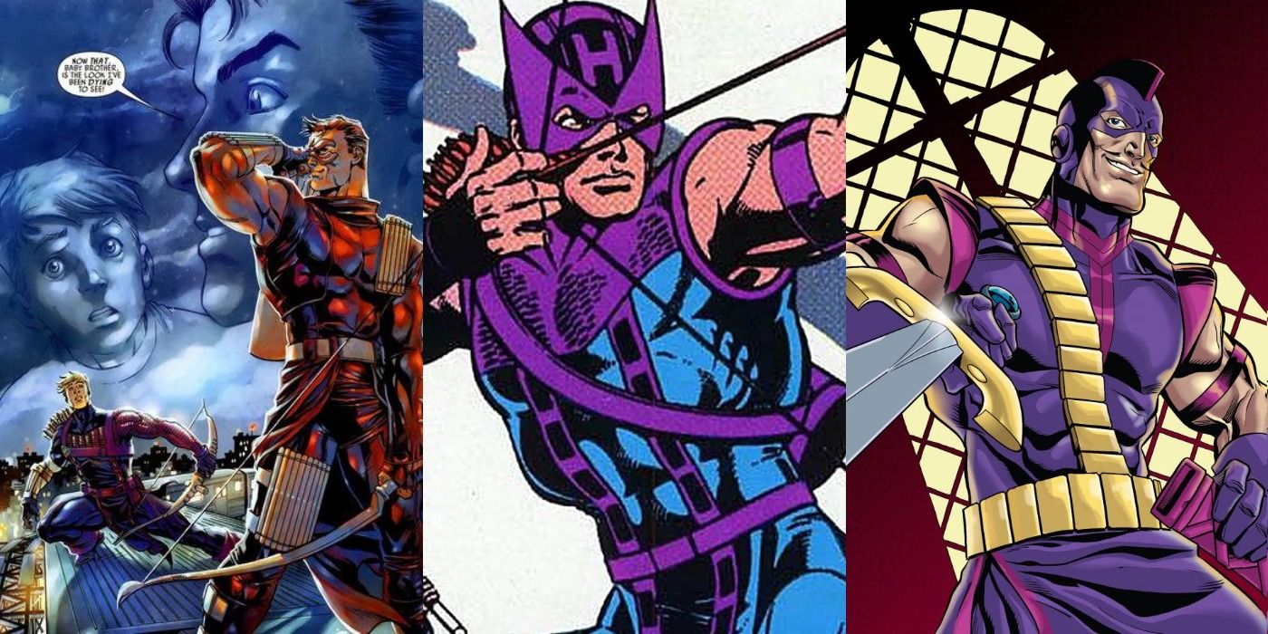 Trickshot confronting Hawkeye, classic costume Hawkeye pointing bow, and Swordsman pointing his sword split featured
