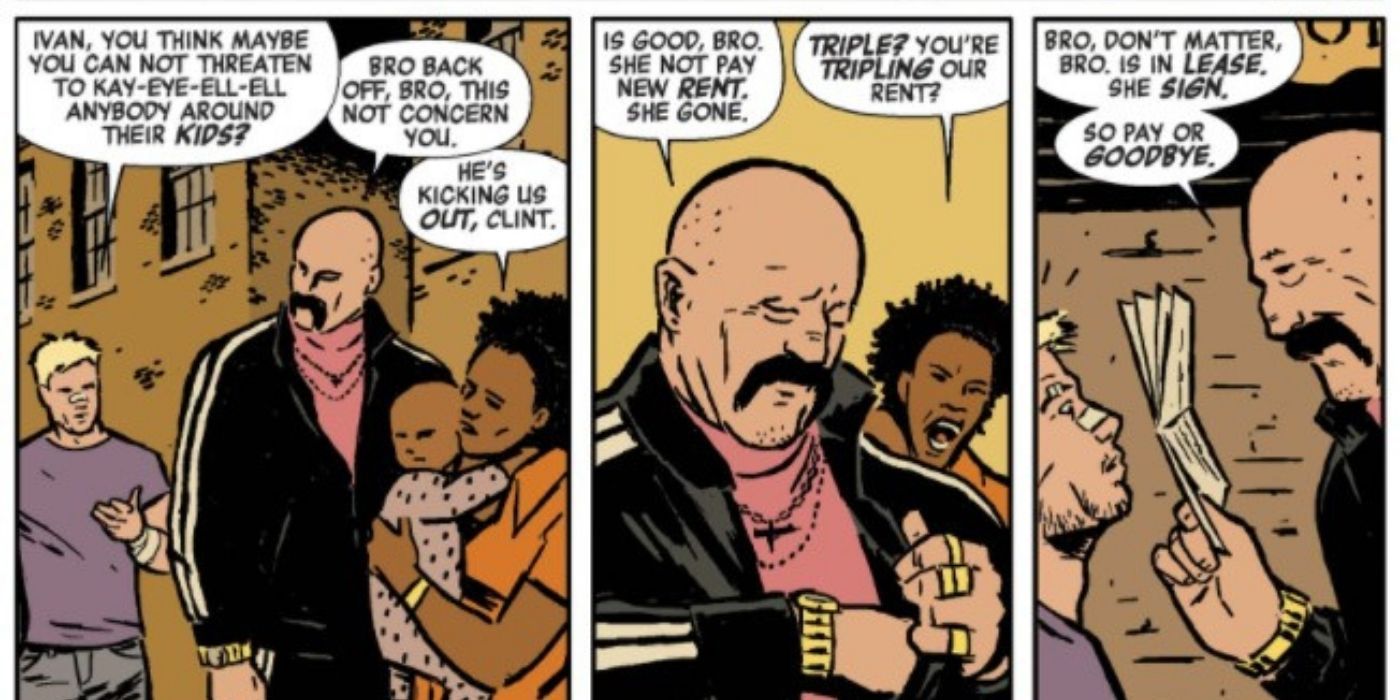 Hawkeye #1 by Matt Fraction and David Aja. Clint Batron confronts the Tracksuit Mafia about New York gentrification hurting the tenants in his apartment building