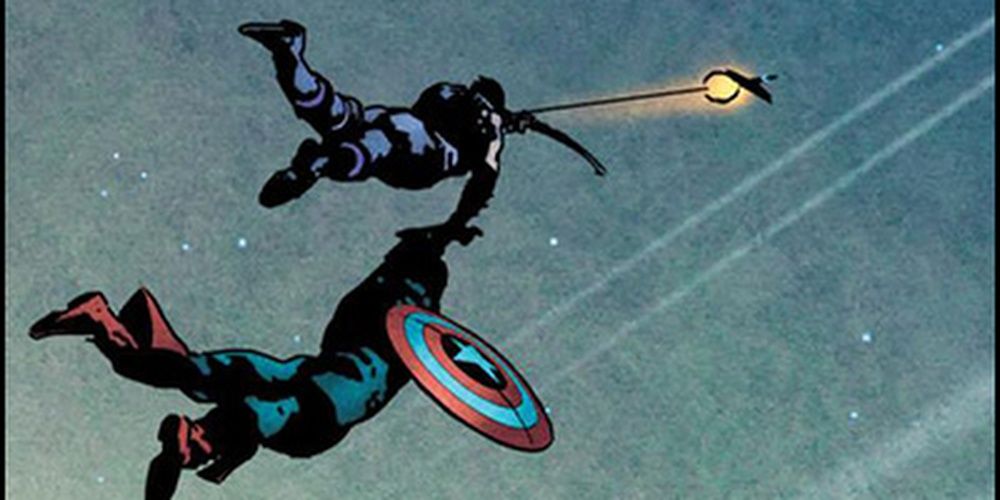 Hawkeye and Captain America flying on a rocket arrow Cropped
