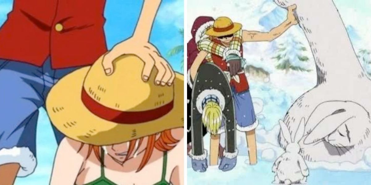Images feature Monkey D. Luffy from One Piece helping Sanji and Nami