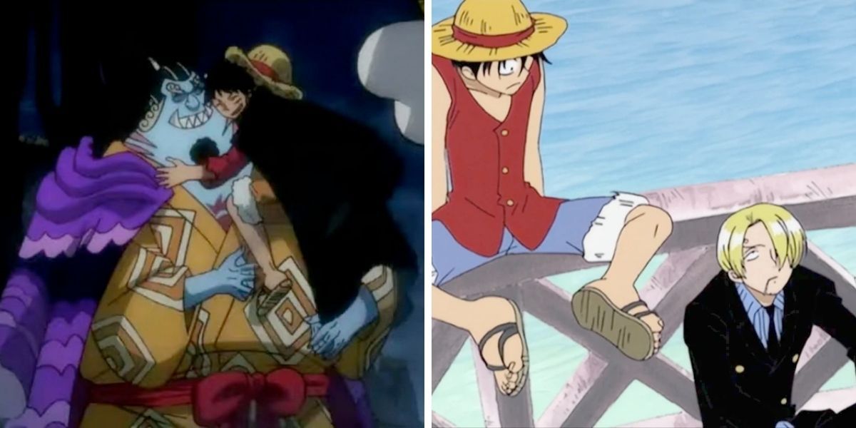 Images feature Monkey D. Luffy from One Piece hugging Jinbe and talking to Sanji
