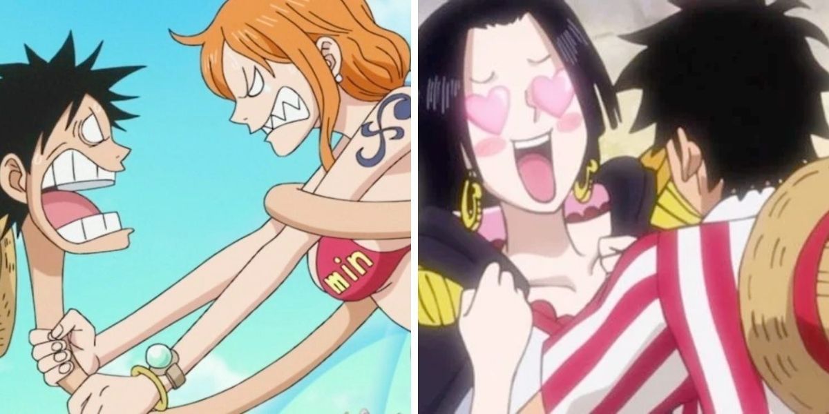 Images feature Monkey D. Luffy from One Piece arguing with Nami and talking to a lovestruck Boa Hancock