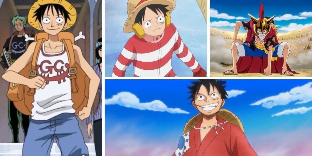 Images feature Monkey D. Luffy from One Piece wearing various outfits