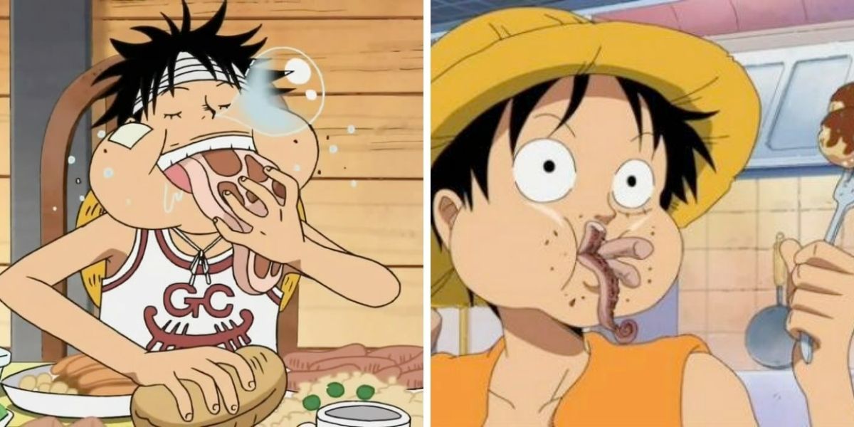 Images feature Monkey D. Luffy from One Piece stuffing his face