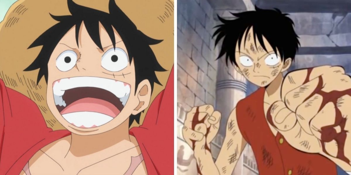 Images feature Monkey D. Luffy from One Piece showcasing his strength