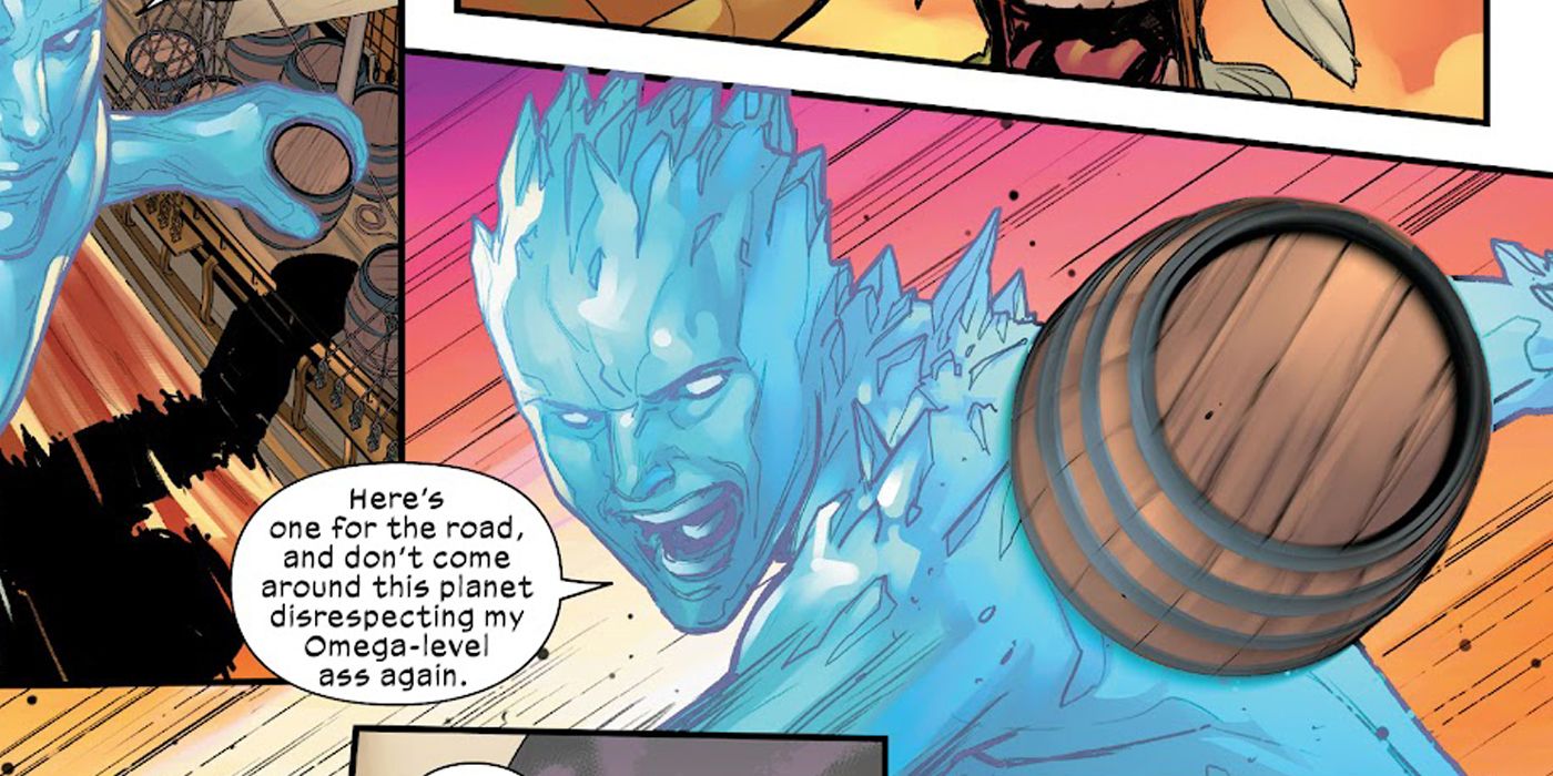 Iceman throws a barrel at Fin Fang Foom