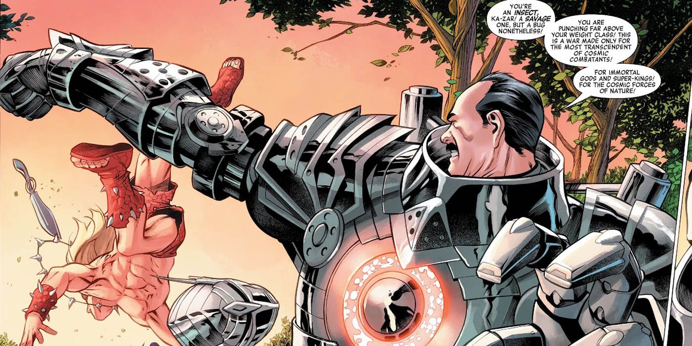 Iron Man Howard Stark punches Ka-Zar in Avengers 50
