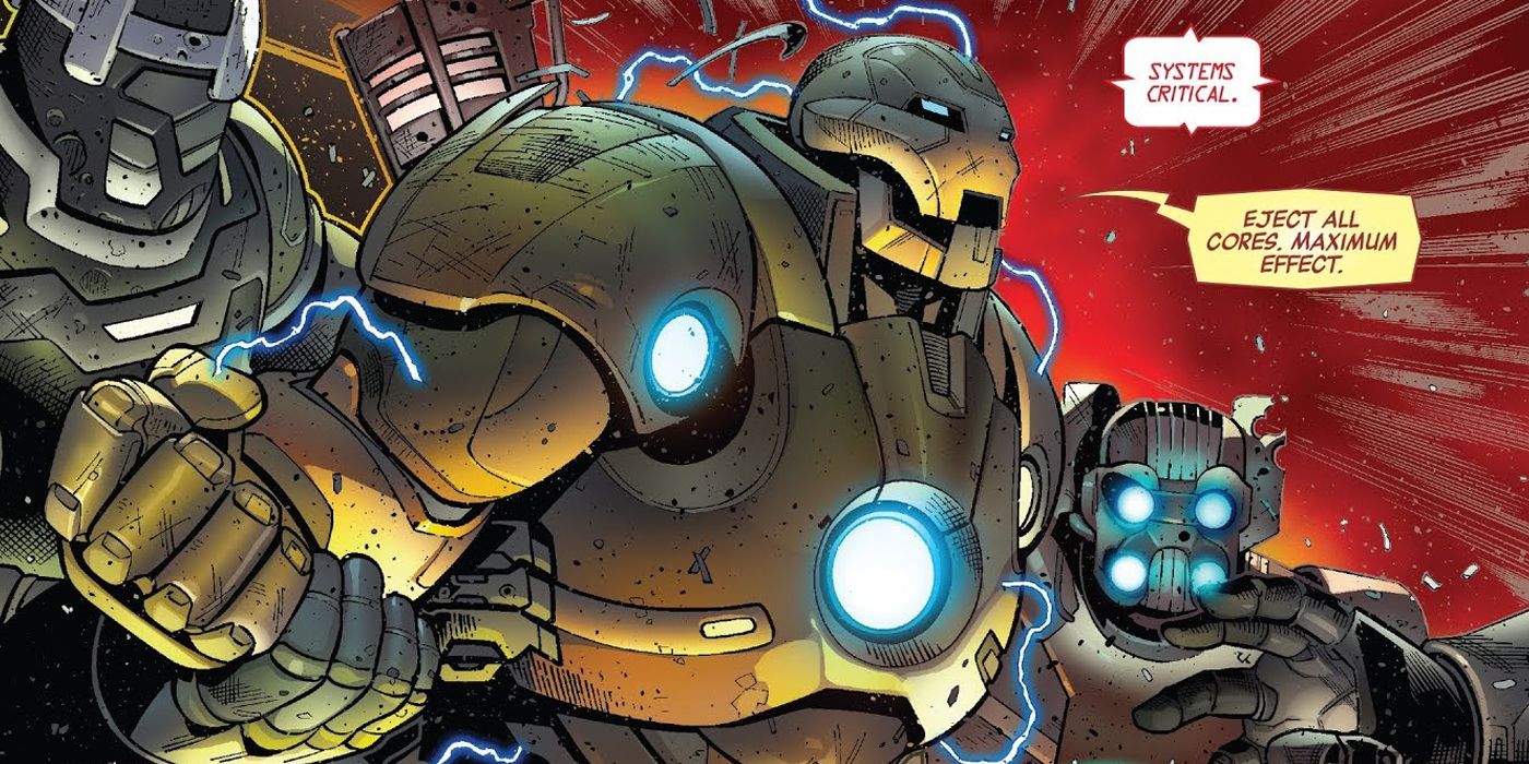 Iron Man fighting the Dark Celestials in the Godkiller MkII armor